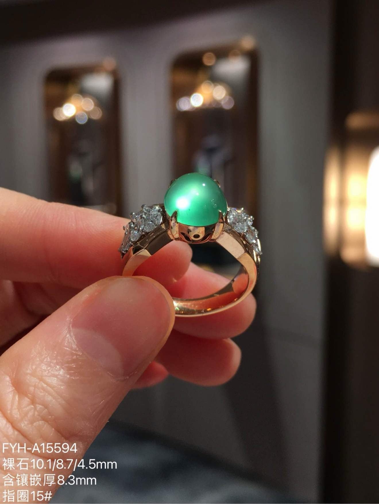 Glassy Sweet Yang-Green Jadeite Diamond Ring with Strong Fluorescence
