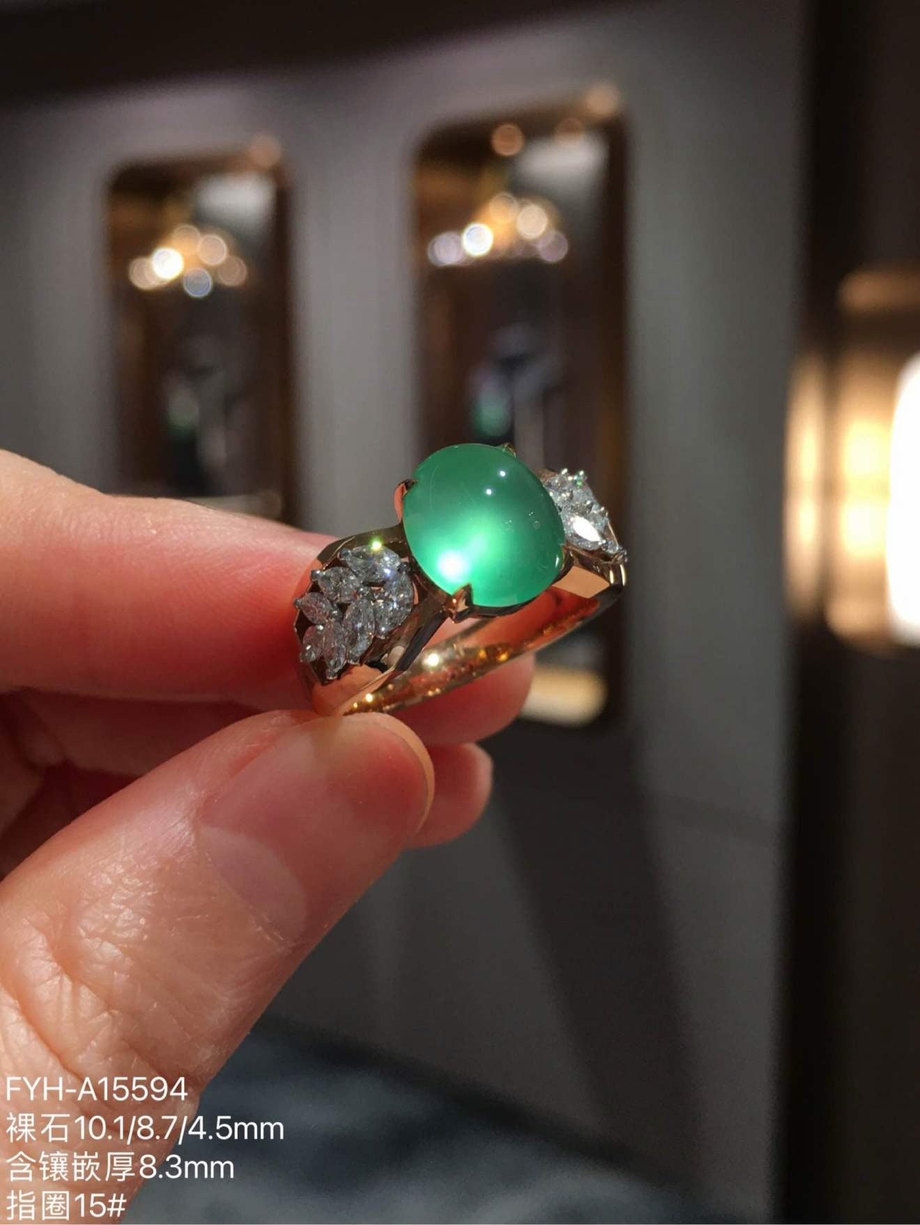 Glassy Sweet Yang-Green Jadeite Diamond Ring with Strong Fluorescence