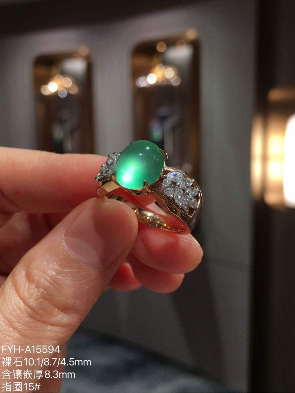 Glassy Sweet Yang-Green Jadeite Diamond Ring with Strong Fluorescence