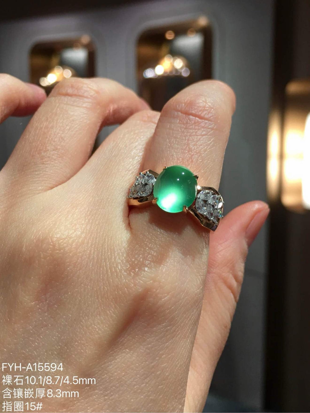 Glassy Sweet Yang-Green Jadeite Diamond Ring with Strong Fluorescence