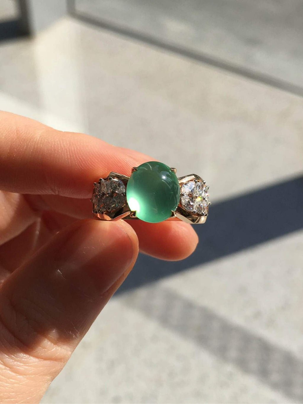 Glassy Sweet Yang-Green Jadeite Diamond Ring with Strong Fluorescence