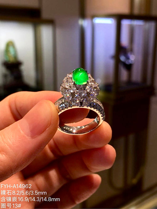Burmese Longshi Jadeite Diamond Ring | Feiyuehui Jewelry