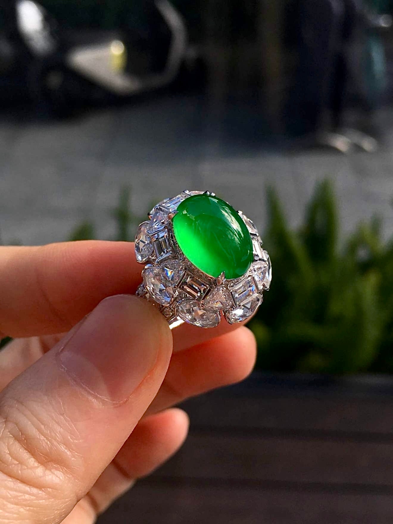 mperial Green Glass Jadeite Cabochon Ring with 18K White Gold and Diamonds