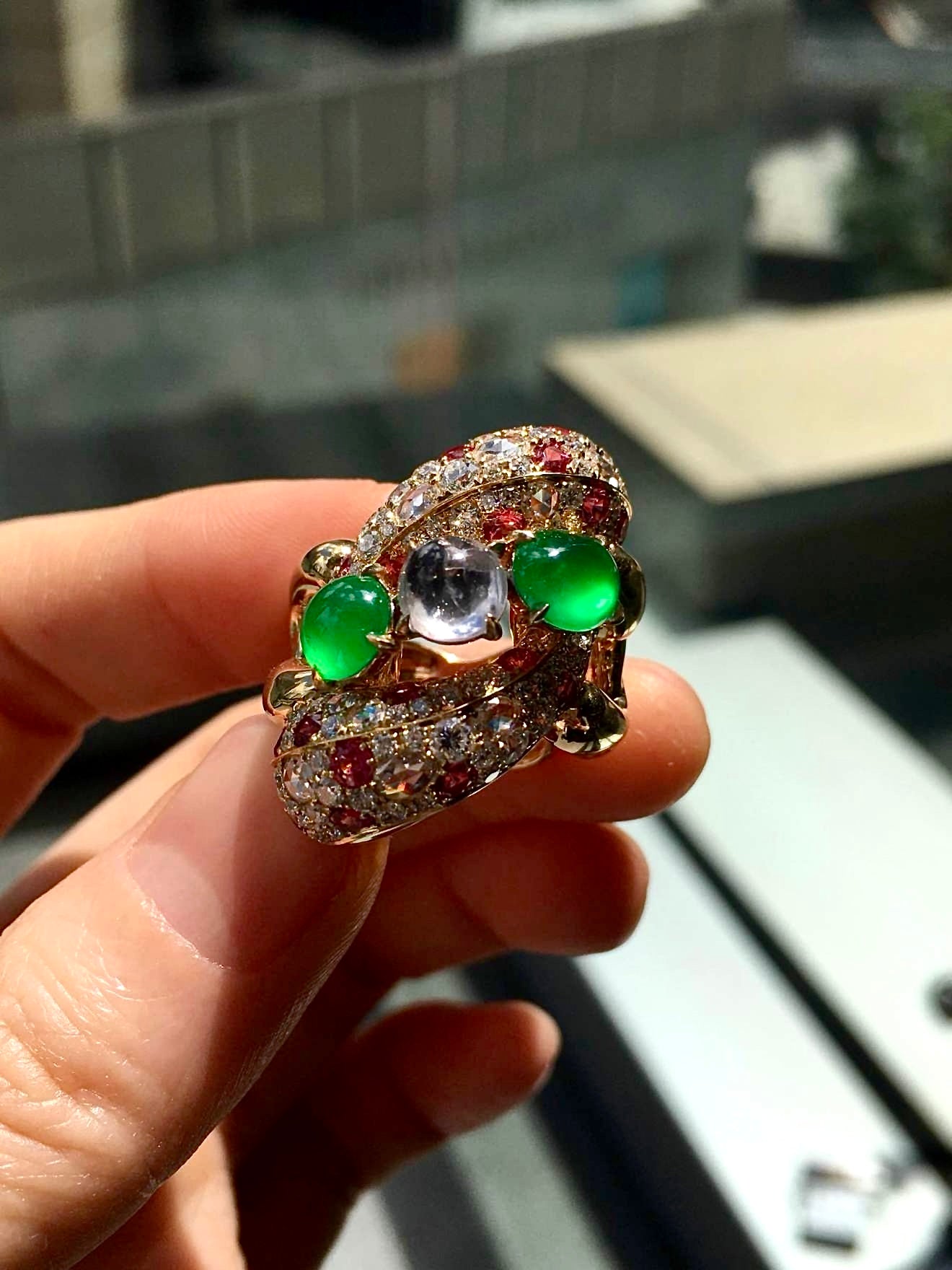 Tri-Color Glass Jadeite Ring with 18K Rose Gold, Diamonds and Pink Gemstones