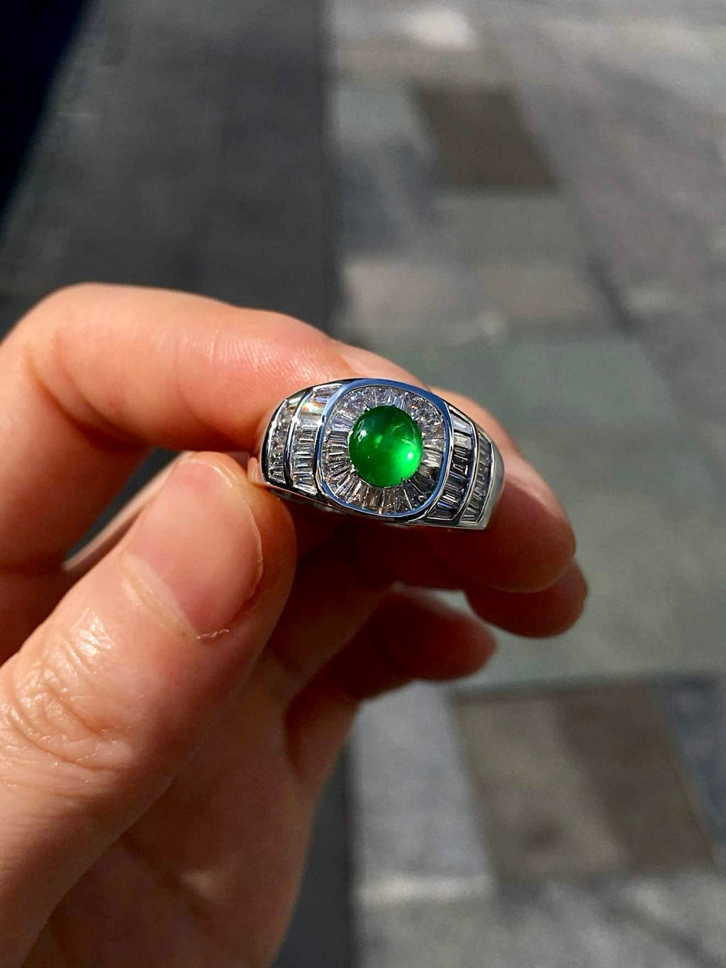 Imperial Green Glass Jadeite Ring with 18K Gold and Tapered Baguette Diamonds