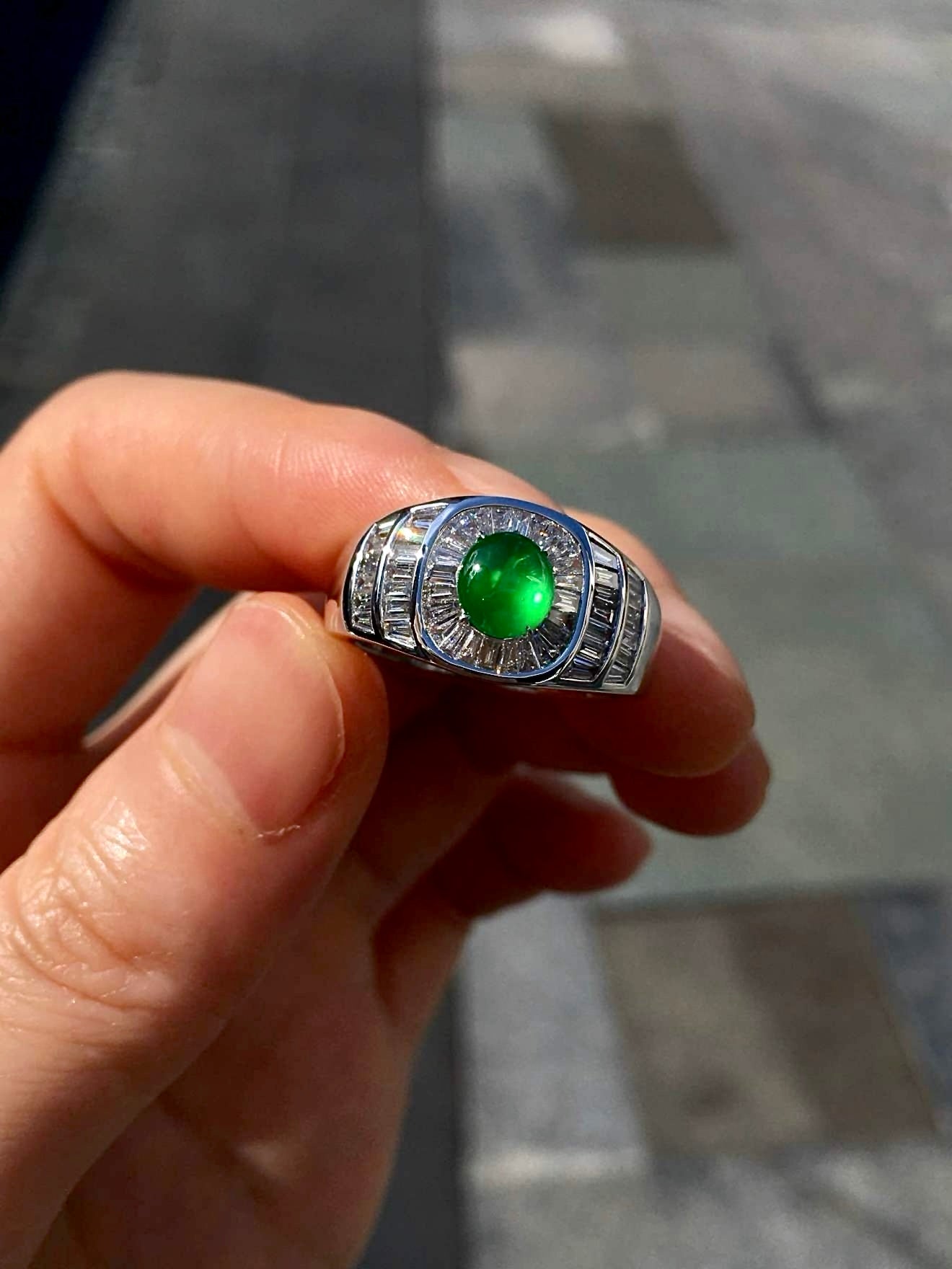 Imperial Green Glass Jadeite Ring with 18K Gold and Tapered Baguette Diamonds