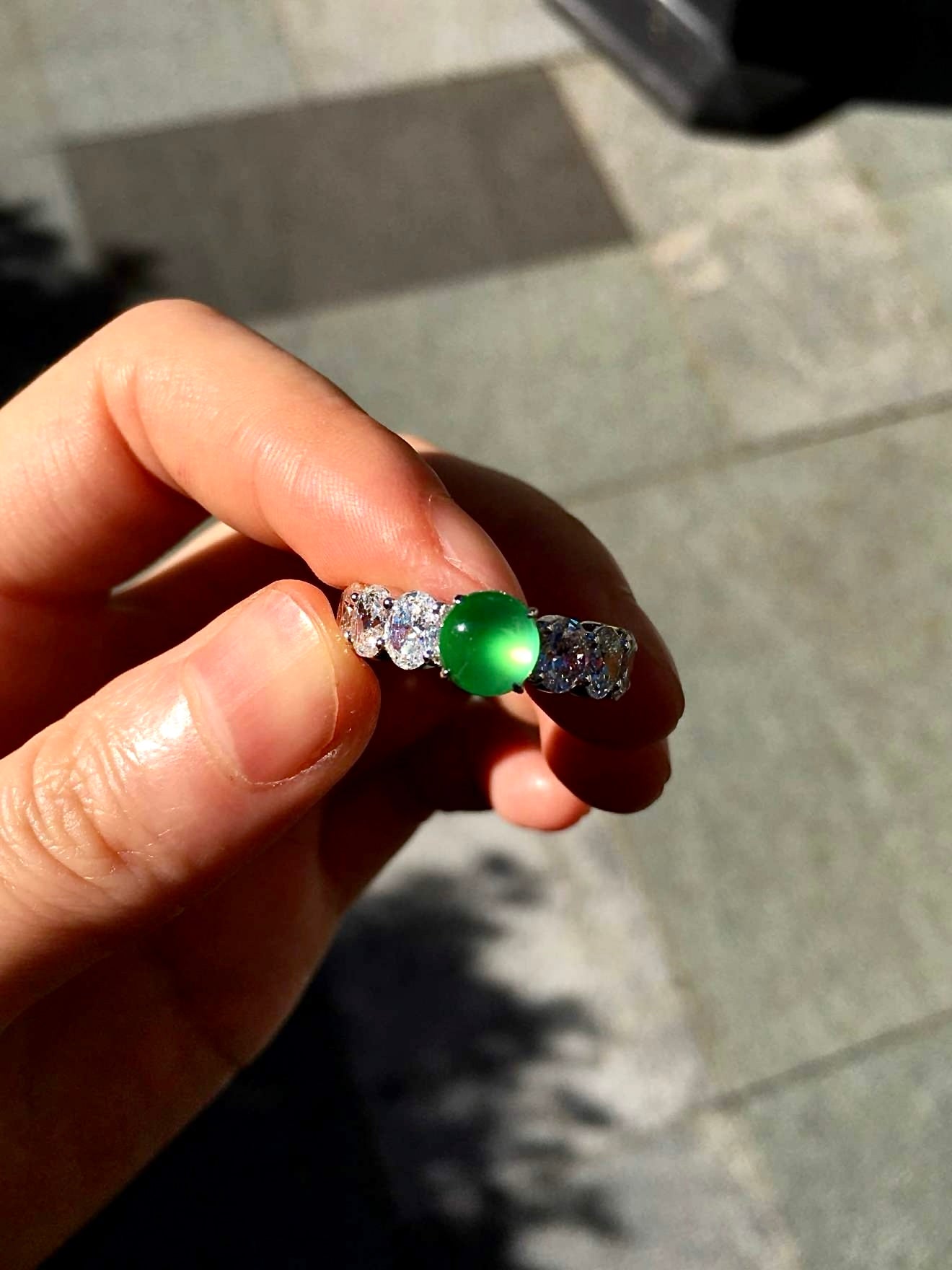 Vivid Green Glass Jadeite Cabochon Ring (Yang Green, Piao Cui) with 18K White Gold and Lab-Grown Diamonds