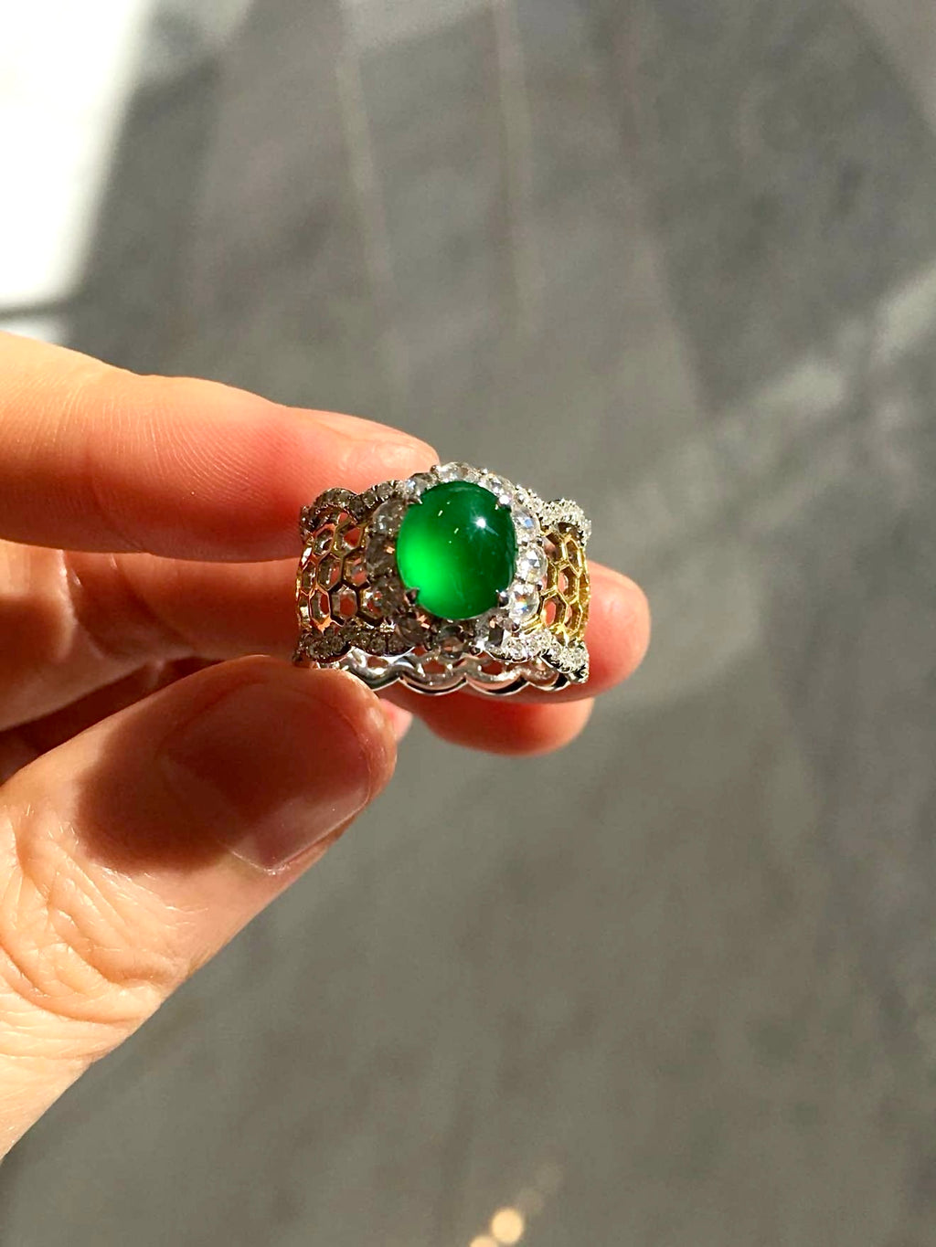 Imperial Green High-Icy Jadeite Cabochon Wide Band Ring (Di Wang Green) with 18K White Gold, 18K Yellow Gold and Diamonds