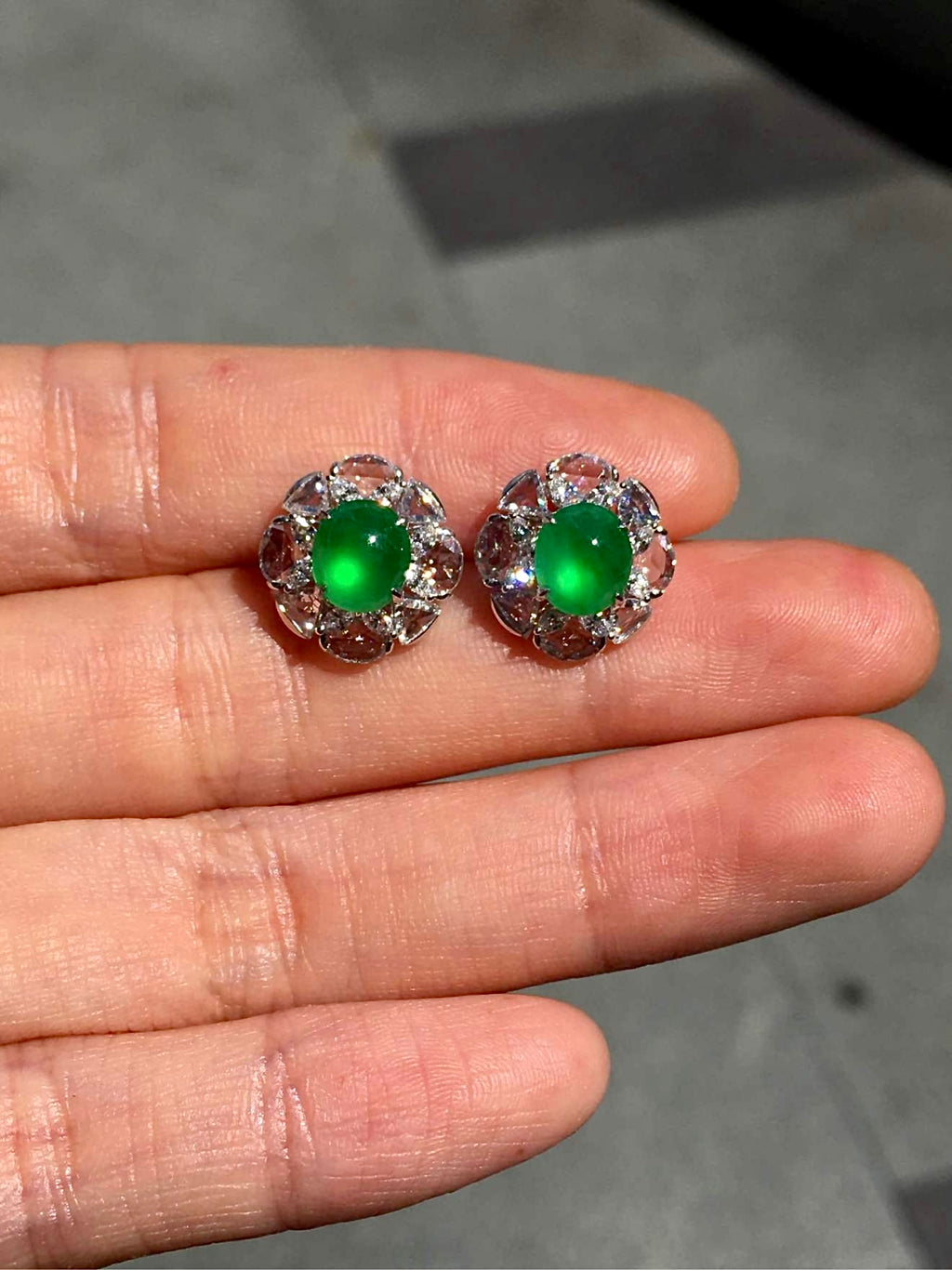 Imperial Green Glass Jadeite Cabochon Stud Earrings (Di Wang Green) with 18K White Gold and Diamonds