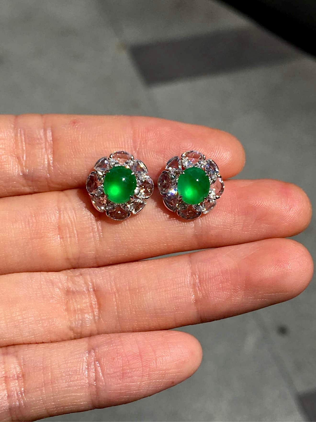 Imperial Green Glass Jadeite Cabochon Stud Earrings (Di Wang Green) with 18K White Gold and Diamonds