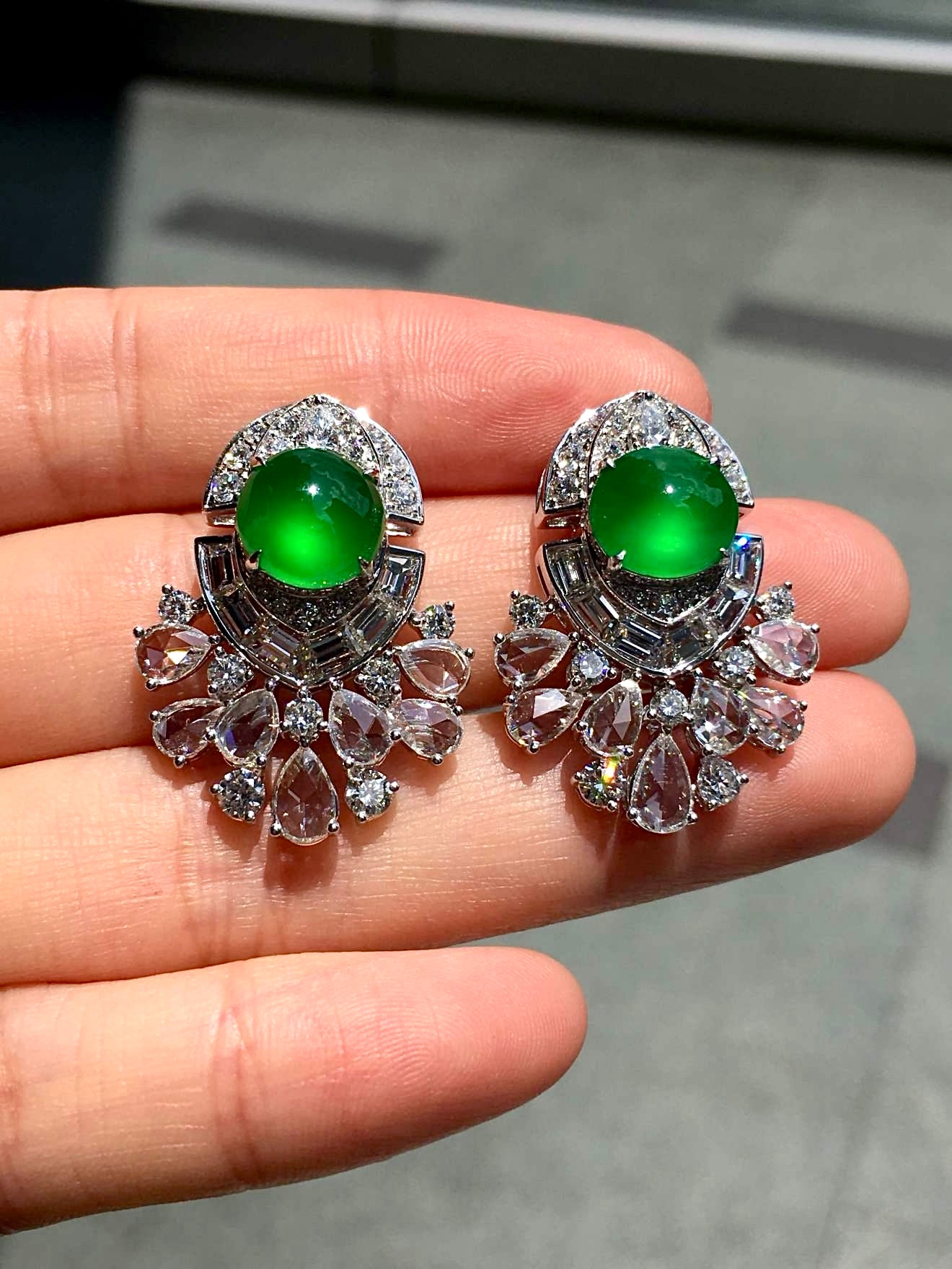 Imperial Green Glass Jadeite Cabochon Earrings (Di Wang Green) with 18K Gold and Diamonds