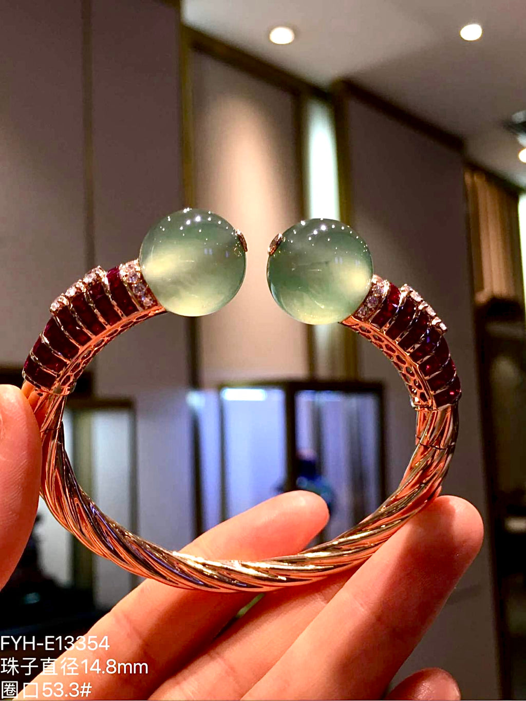 High-Icy Jadeite Bead Hinged Bangle (Piao Cui) with 18K Rose Gold, Rubies and Diamonds