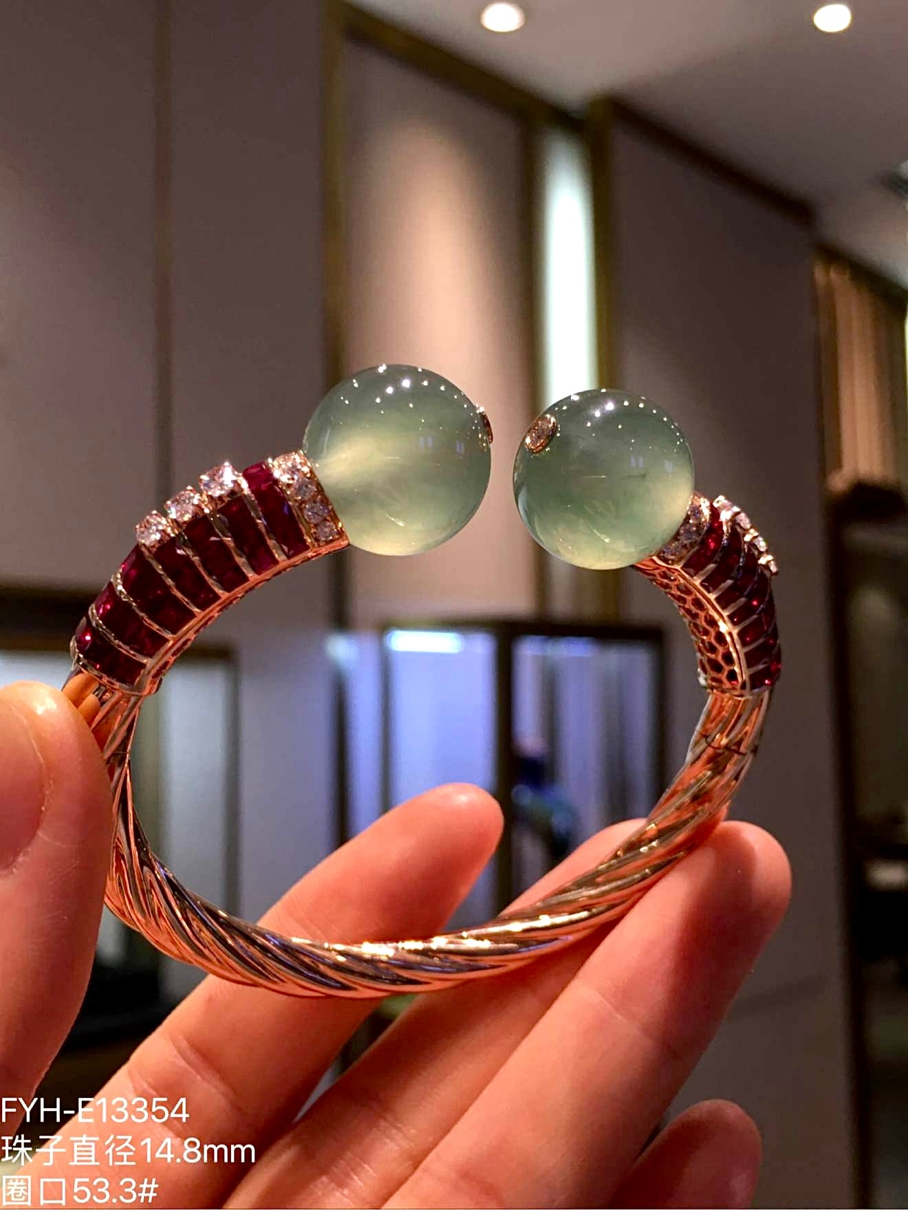 High-Icy Jadeite Bead Hinged Bangle (Piao Cui) with 18K Rose Gold, Rubies and Diamonds
