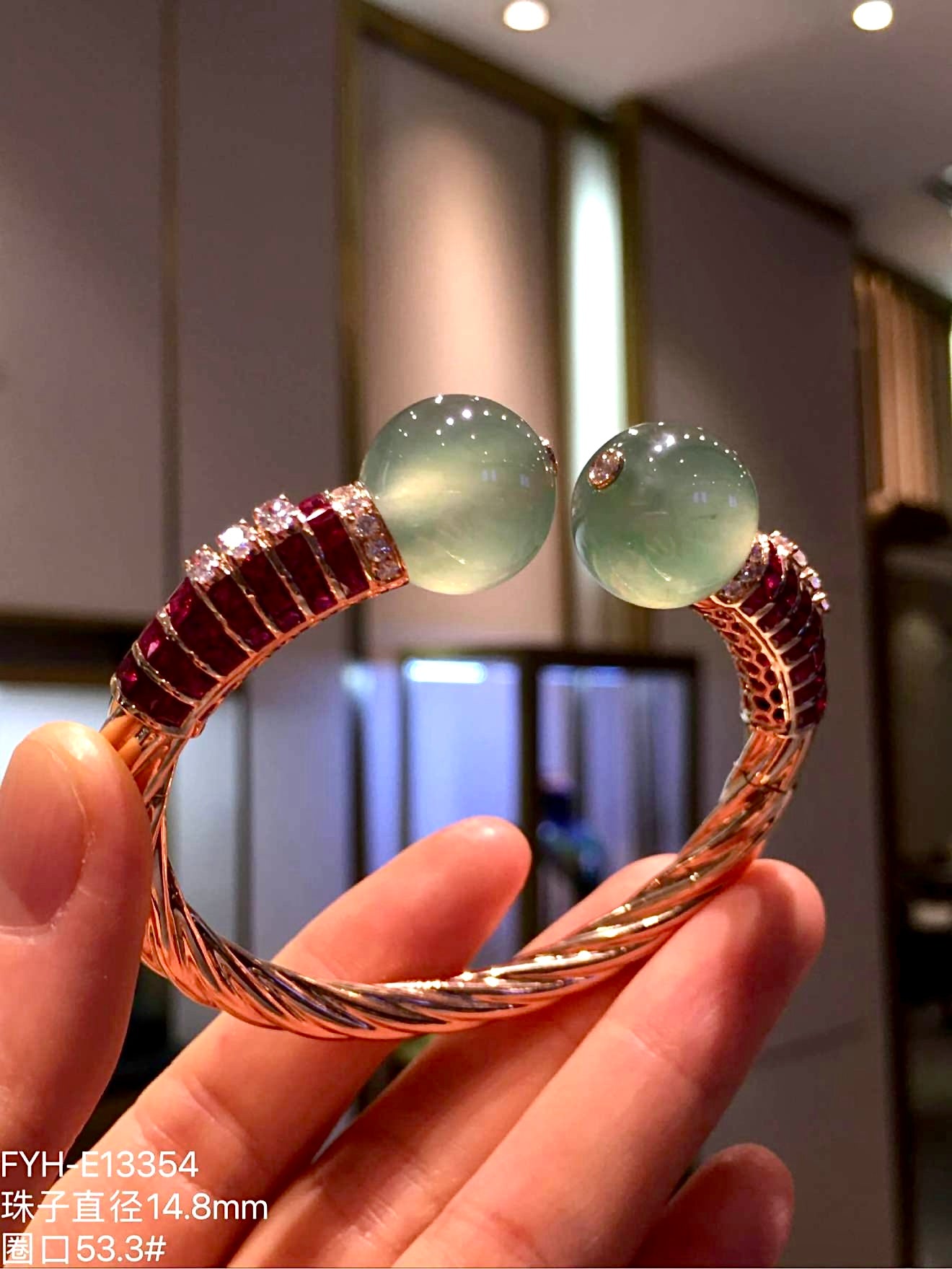 High-Icy Jadeite Bead Hinged Bangle (Piao Cui) with 18K Rose Gold, Rubies and Diamonds