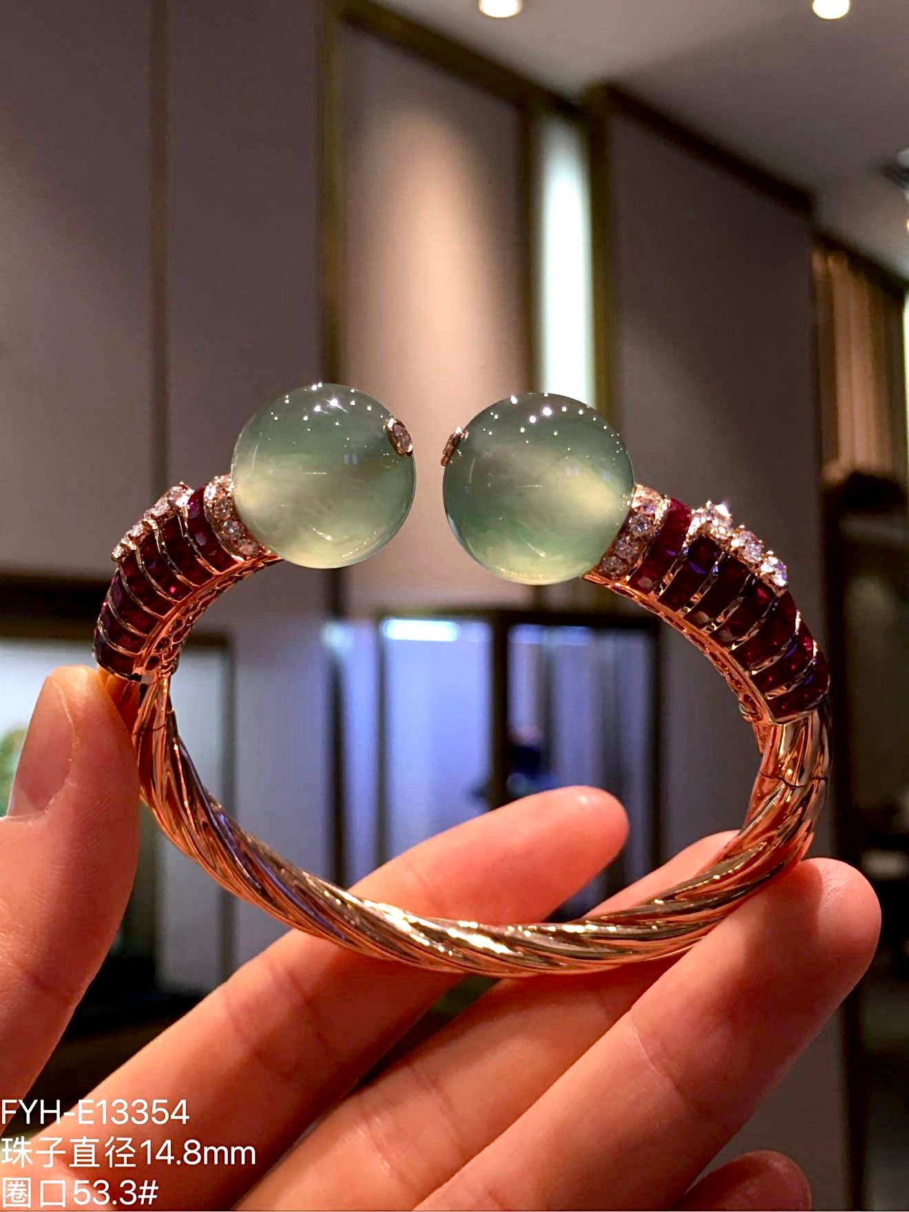 High-Icy Jadeite Bead Hinged Bangle (Piao Cui) with 18K Rose Gold, Rubies and Diamonds
