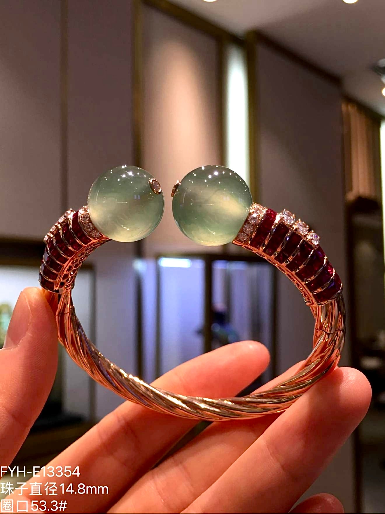 High-Icy Jadeite Bead Hinged Bangle (Piao Cui) with 18K Rose Gold, Rubies and Diamonds