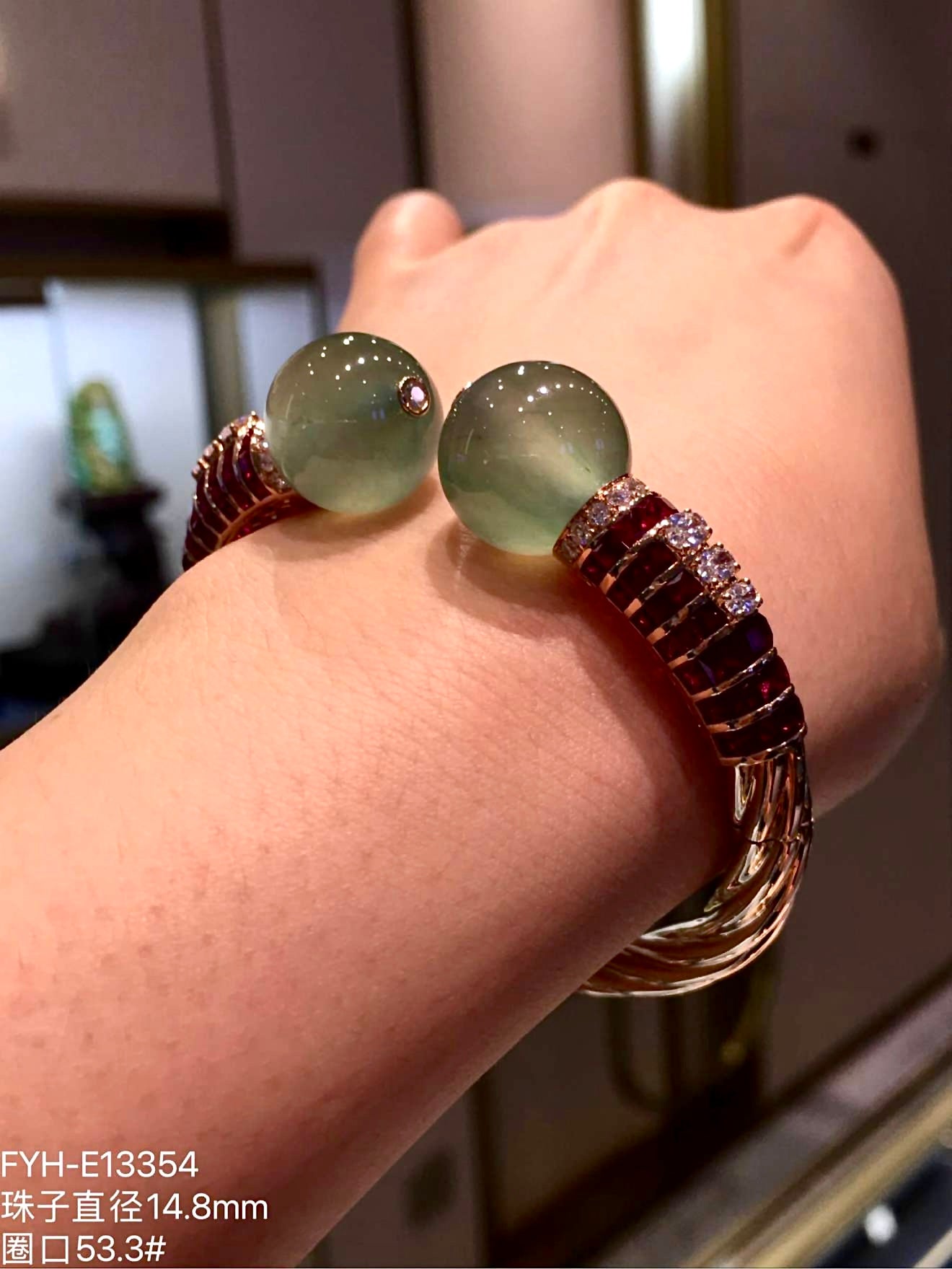 High-Icy Jadeite Bead Hinged Bangle (Piao Cui) with 18K Rose Gold, Rubies and Diamonds