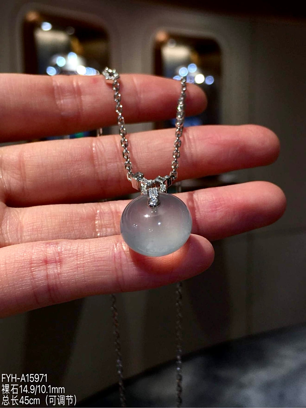 Glass Jadeite Lu Lu Tong Pendant Necklace with 18K Gold and Diamonds