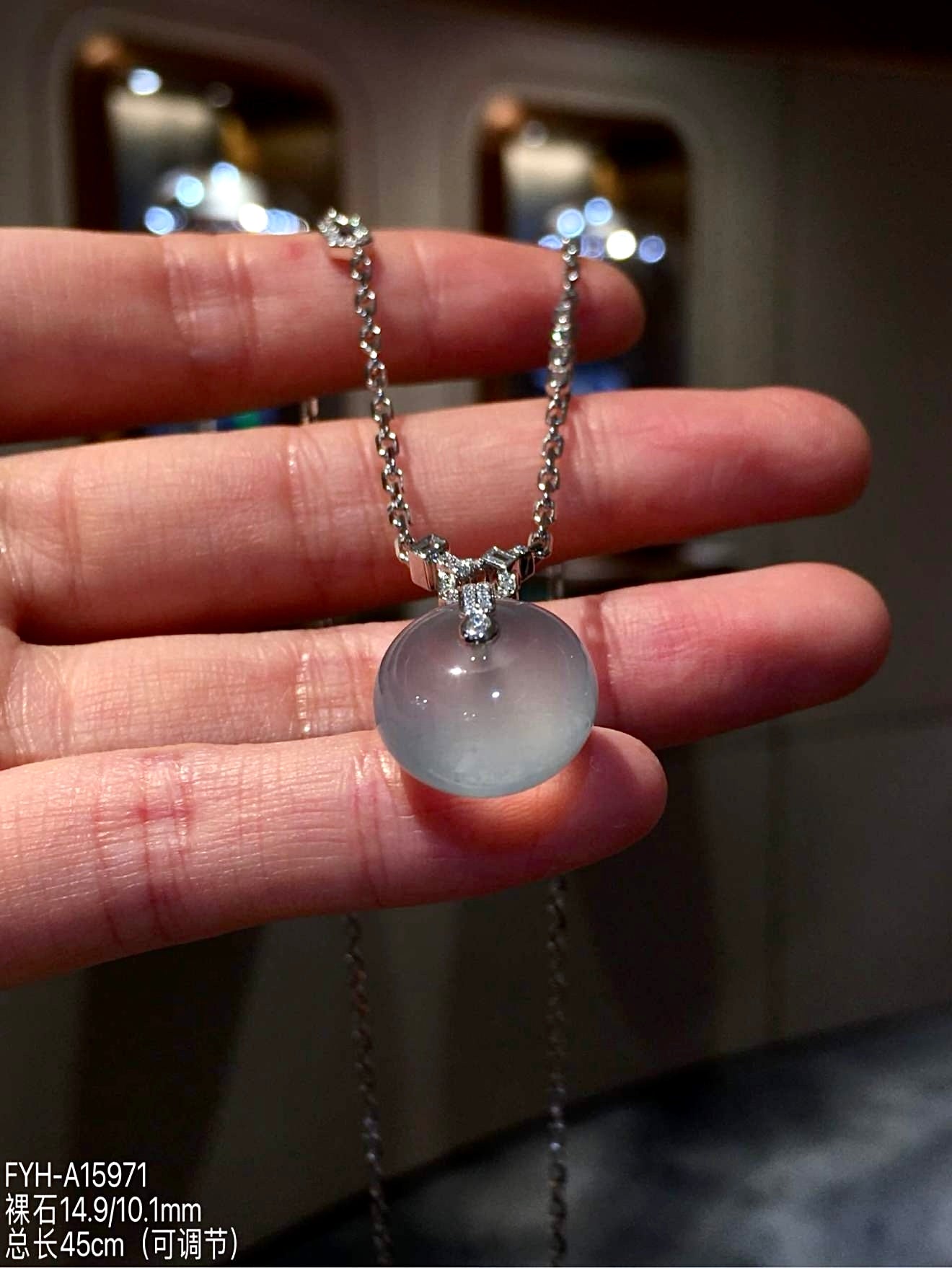 Glass Jadeite Lu Lu Tong Pendant Necklace with 18K Gold and Diamonds