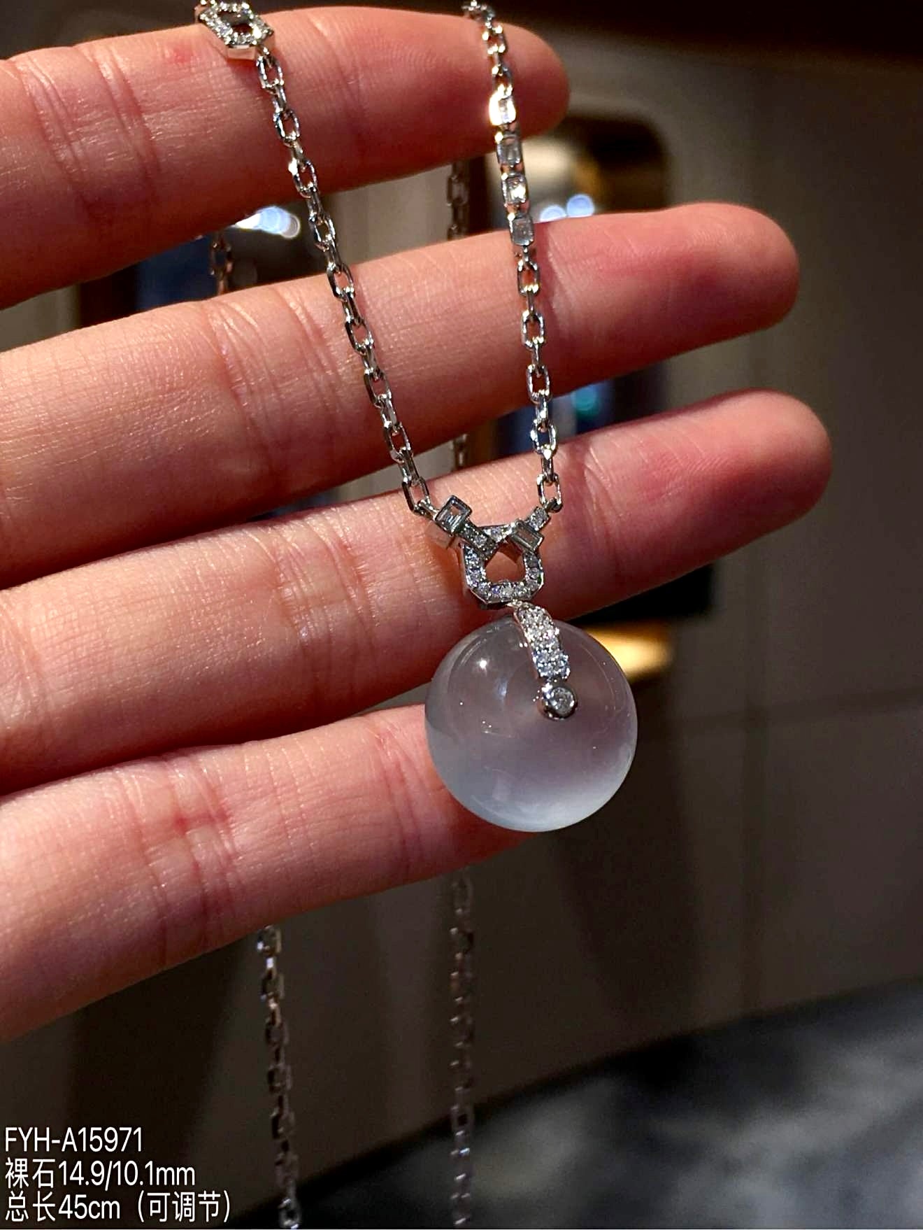 Glass Jadeite Lu Lu Tong Pendant Necklace with 18K Gold and Diamonds