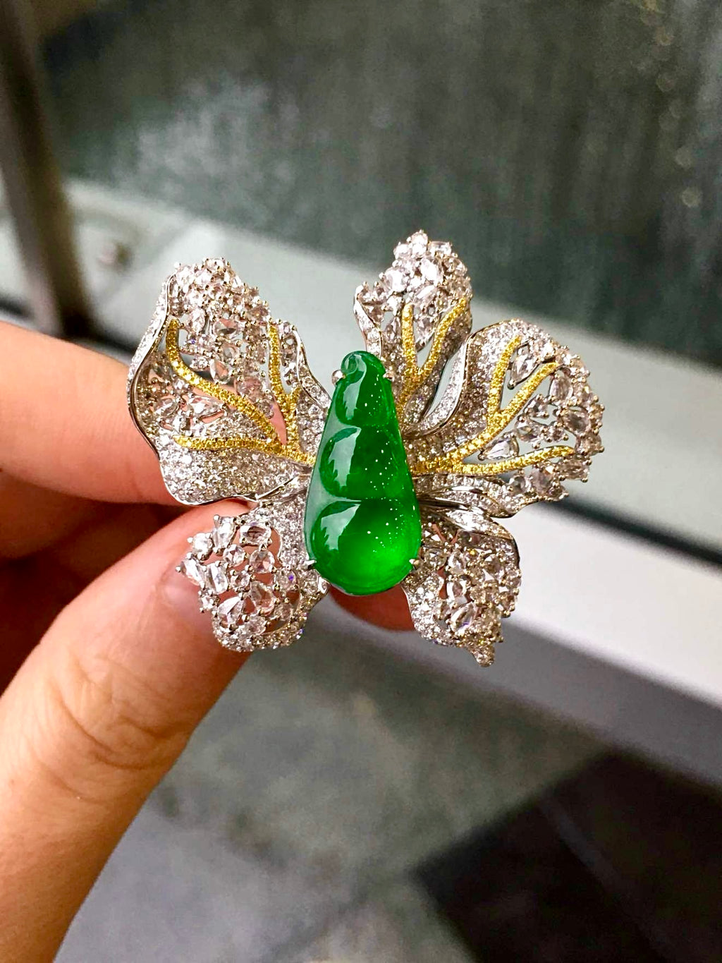 Imperial Green Glass Jadeite Fu Dou Butterfly Ring & Bracelet Convertible Piece (Di Wang Green) with 18K Gold, White Diamonds and Yellow Diamonds