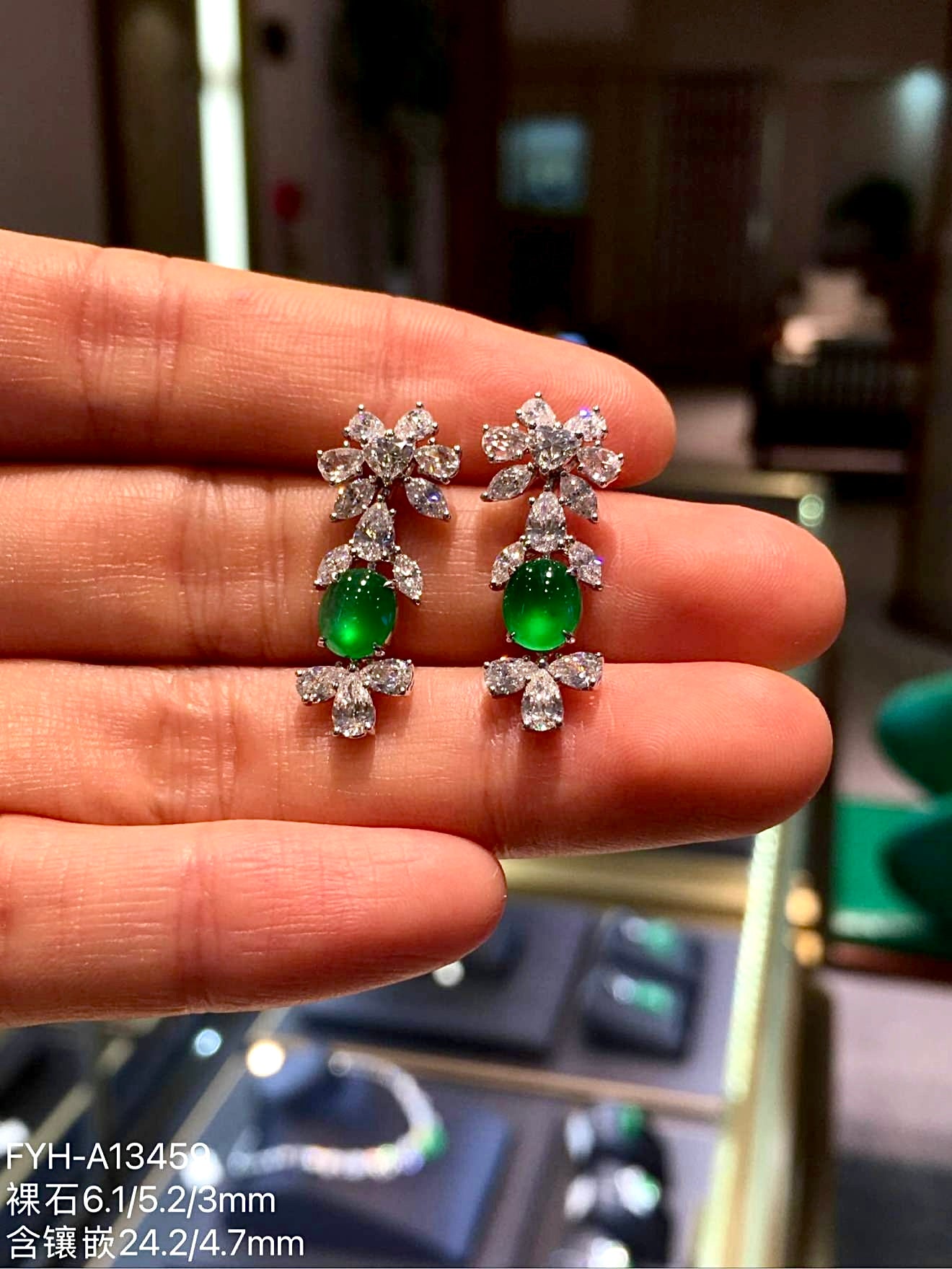 Imperial Green Glass Jadeite Cabochon Drop Earrings (Di Wang Green) with 18K Gold and Diamonds