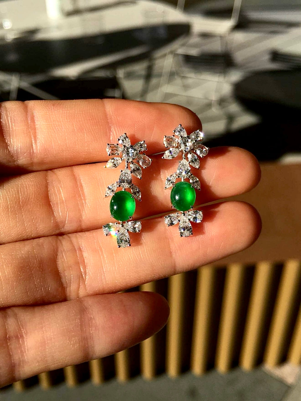 Imperial Green Glass Jadeite Cabochon Drop Earrings (Di Wang Green) with 18K Gold and Diamonds
