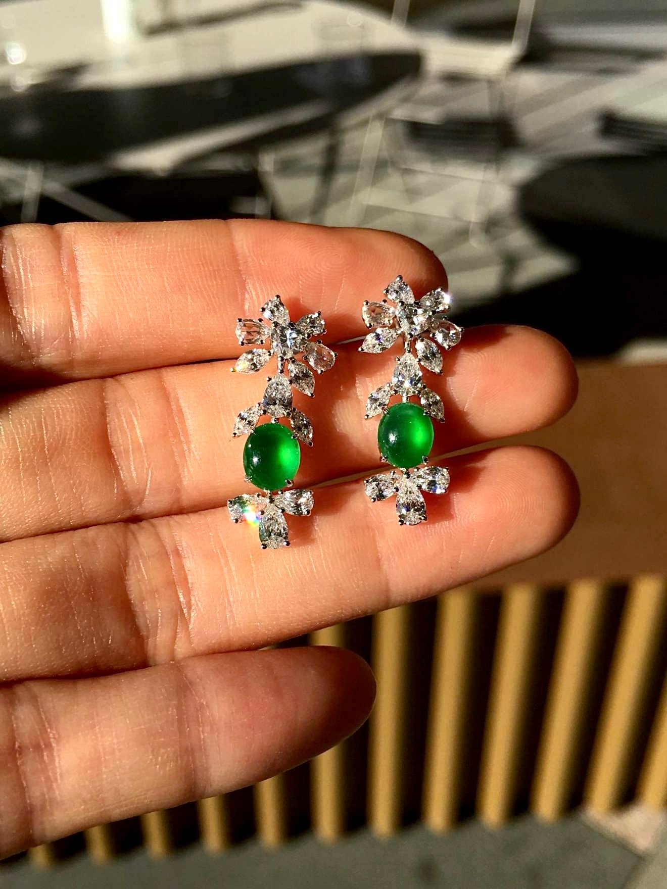 Imperial Green Glass Jadeite Cabochon Drop Earrings (Di Wang Green) with 18K Gold and Diamonds