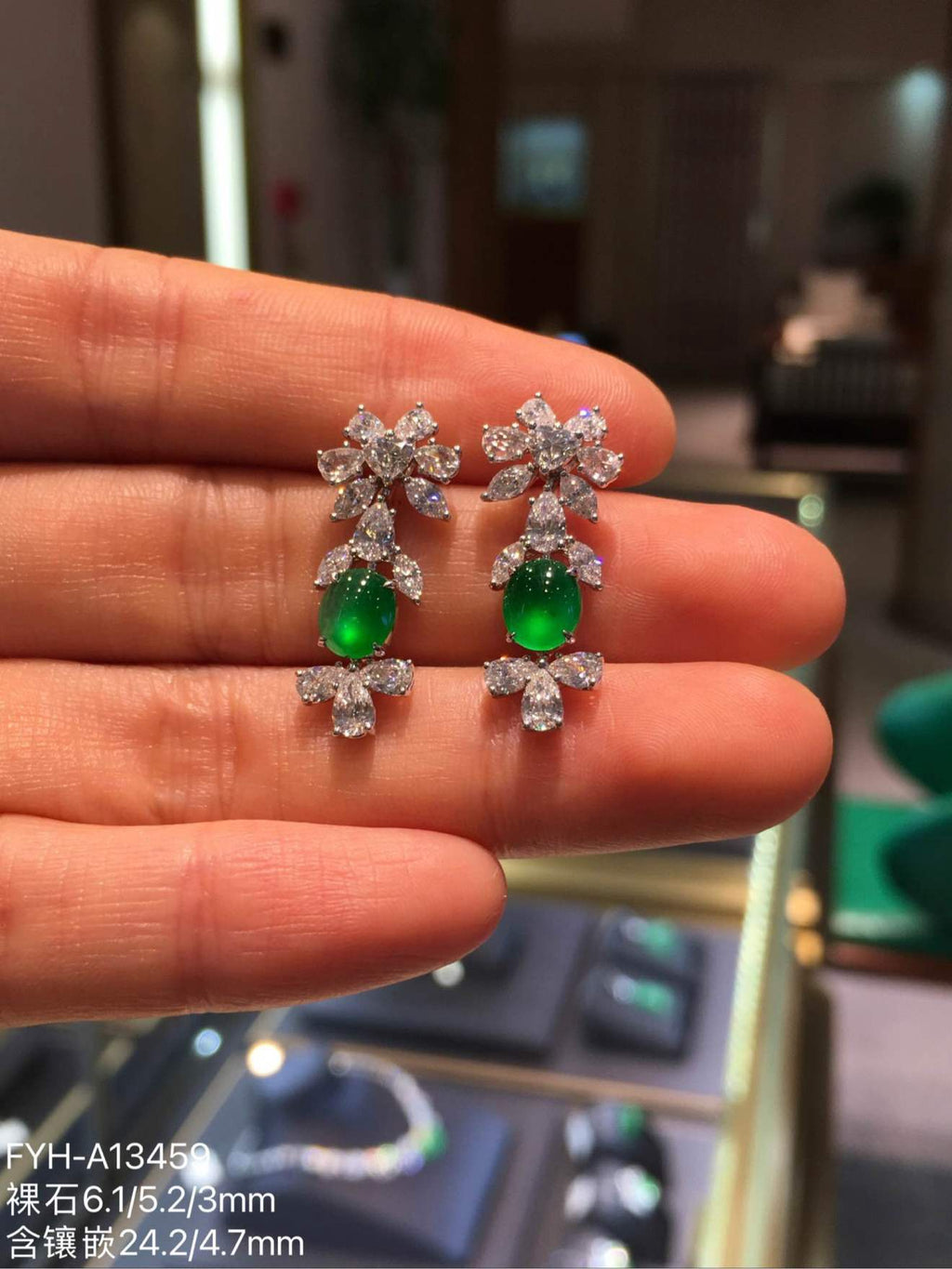 Imperial Green Glass Jadeite Cabochon Drop Earrings (Di Wang Green) with 18K Gold and Diamonds