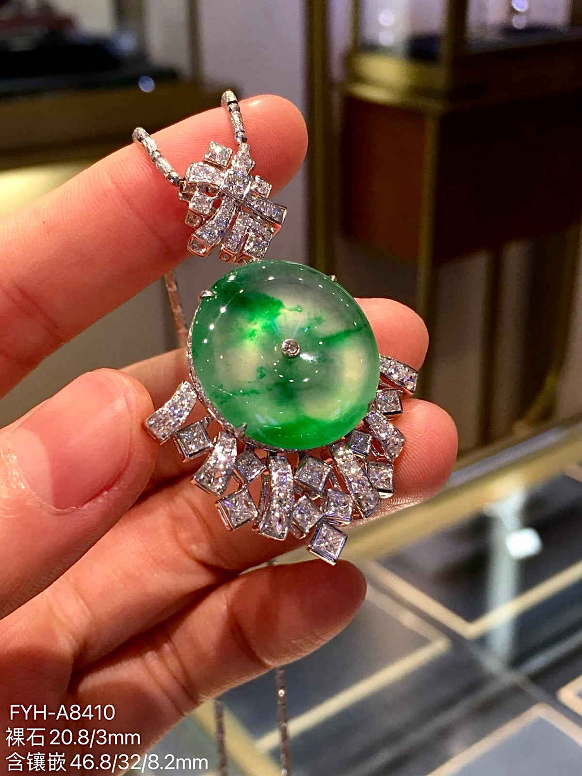 Glass Jadeite Ping An Kou Pendant (Piao Cui) with 18K Gold and Diamonds