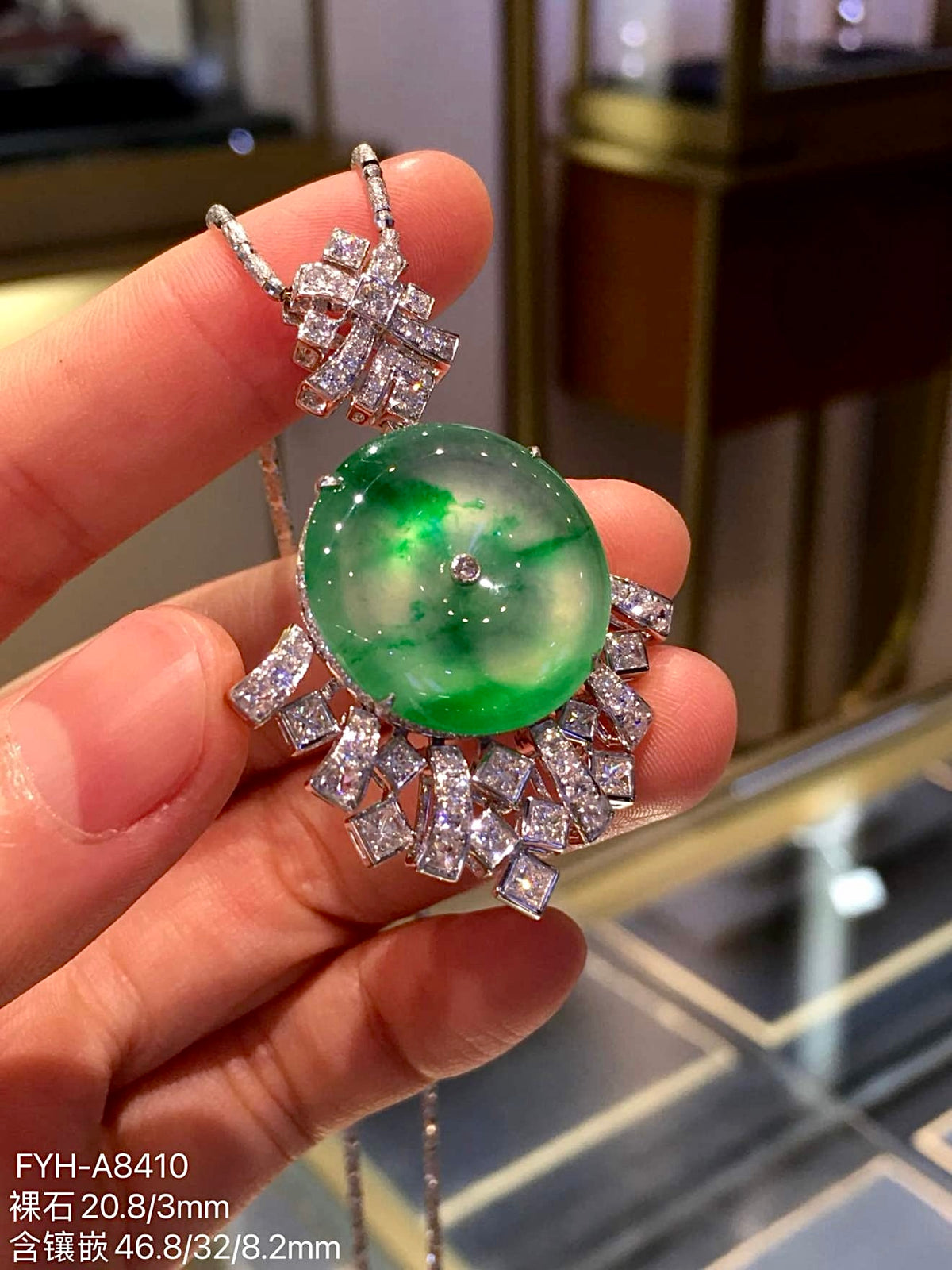 Glass Jadeite Ping An Kou Pendant (Piao Cui) with 18K Gold and Diamonds