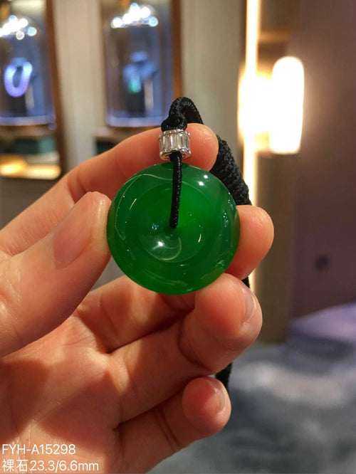 Collector-Grade Imperial Green Glass Jadeite Ping An Kou Pendant with 18K Gold and Diamonds