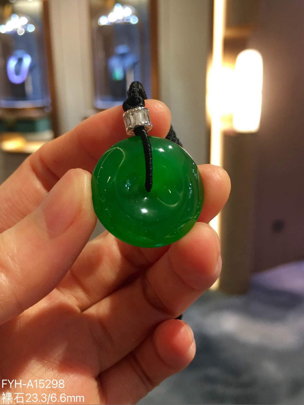 Collector-Grade Imperial Green Glass Jadeite Ping An Kou Pendant with 18K Gold and Diamonds
