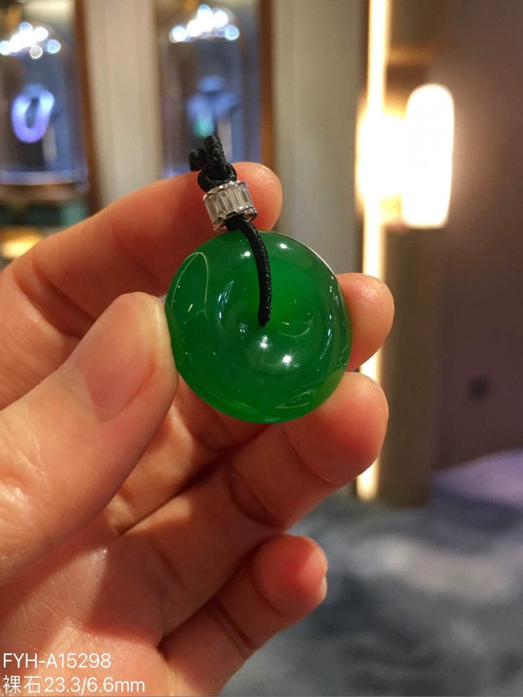 Collector-Grade Imperial Green Glass Jadeite Ping An Kou Pendant with 18K Gold and Diamonds