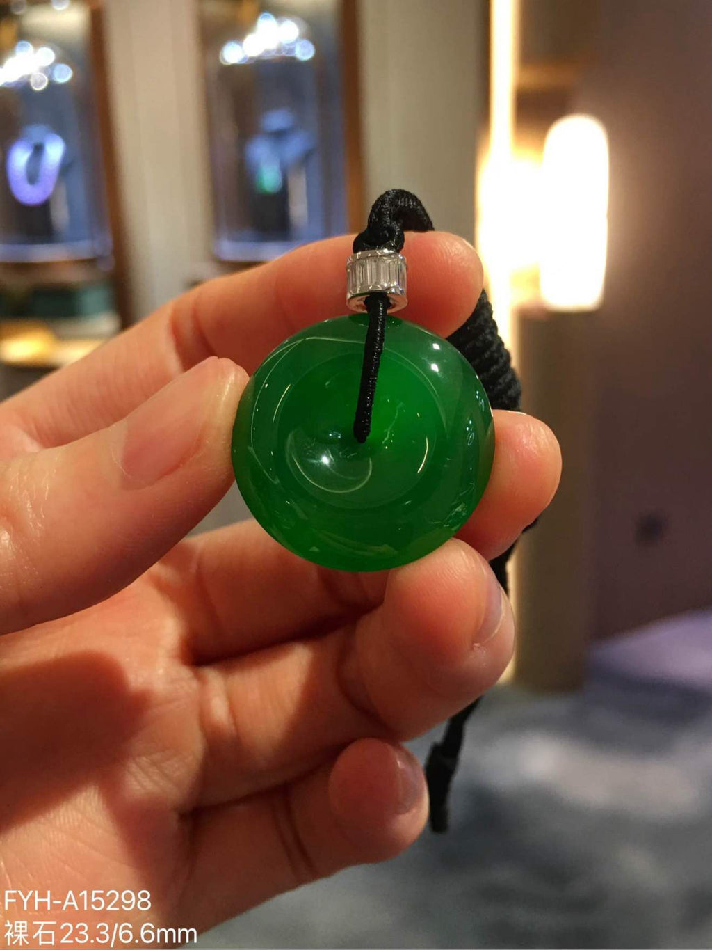 Collector-Grade Imperial Green Glass Jadeite Ping An Kou Pendant with 18K Gold and Diamonds