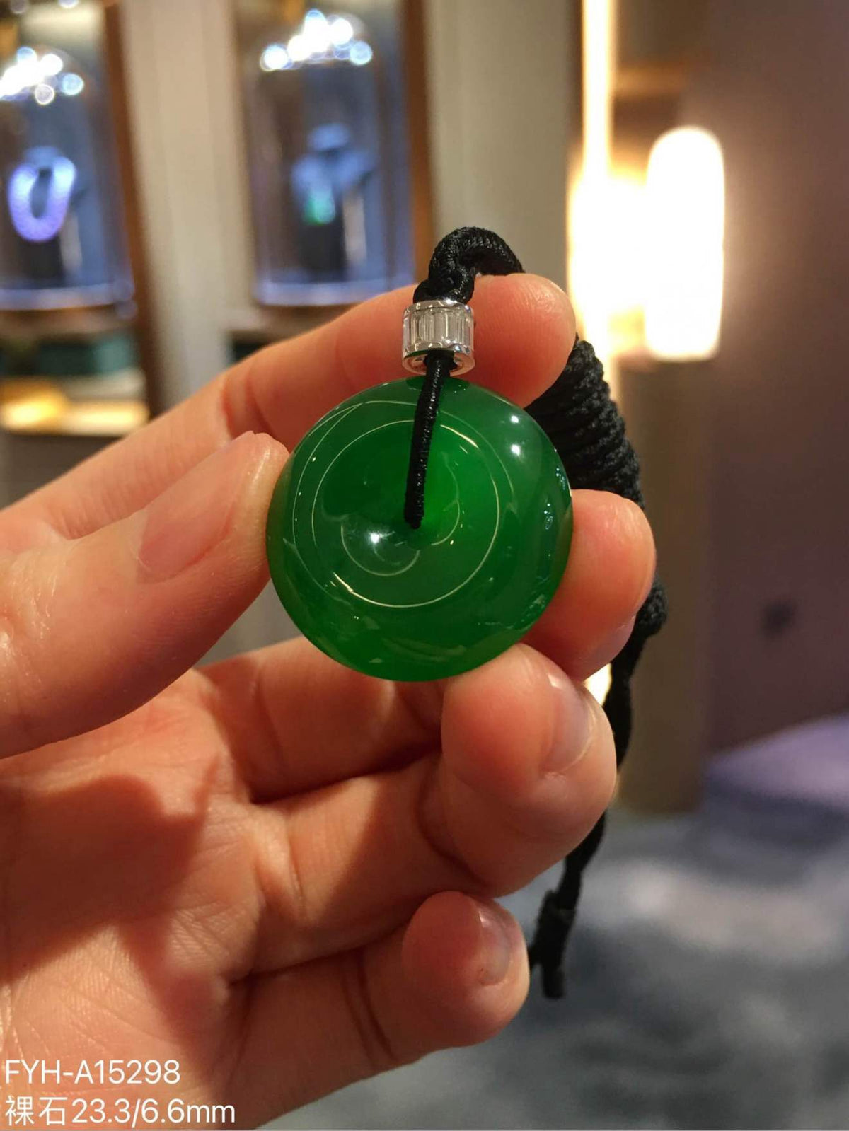 Collector-Grade Imperial Green Glass Jadeite Ping An Kou Pendant with 18K Gold and Diamonds