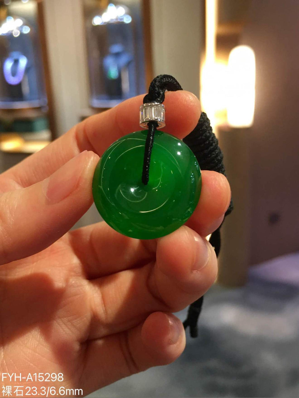 Collector-Grade Imperial Green Glass Jadeite Ping An Kou Pendant with 18K Gold and Diamonds
