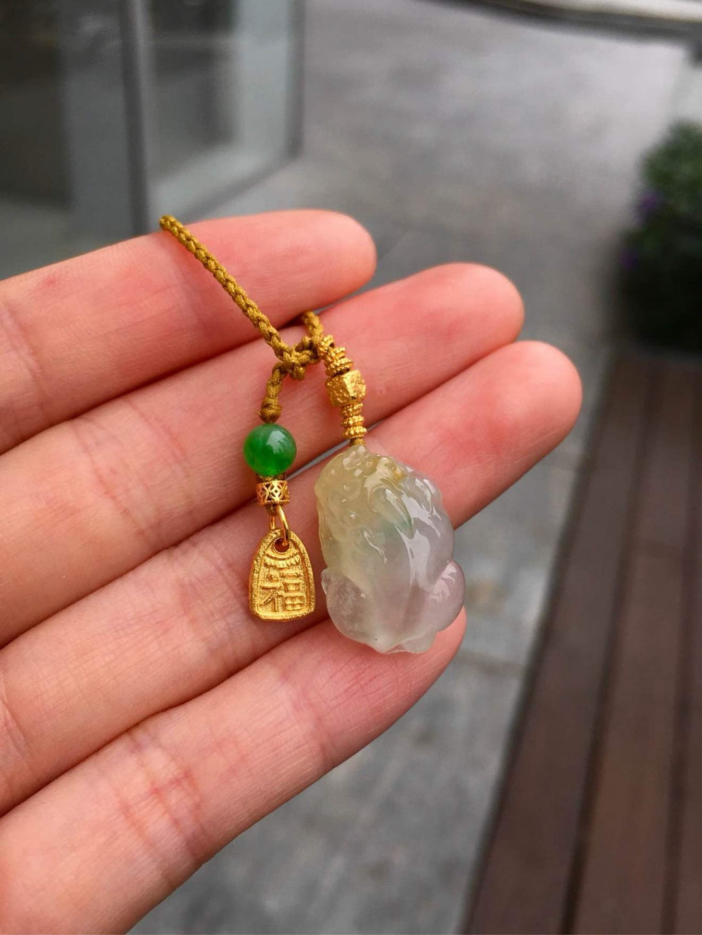 Icy Yellow and Green Jadeite Pixiu Pendant with 24K Gold