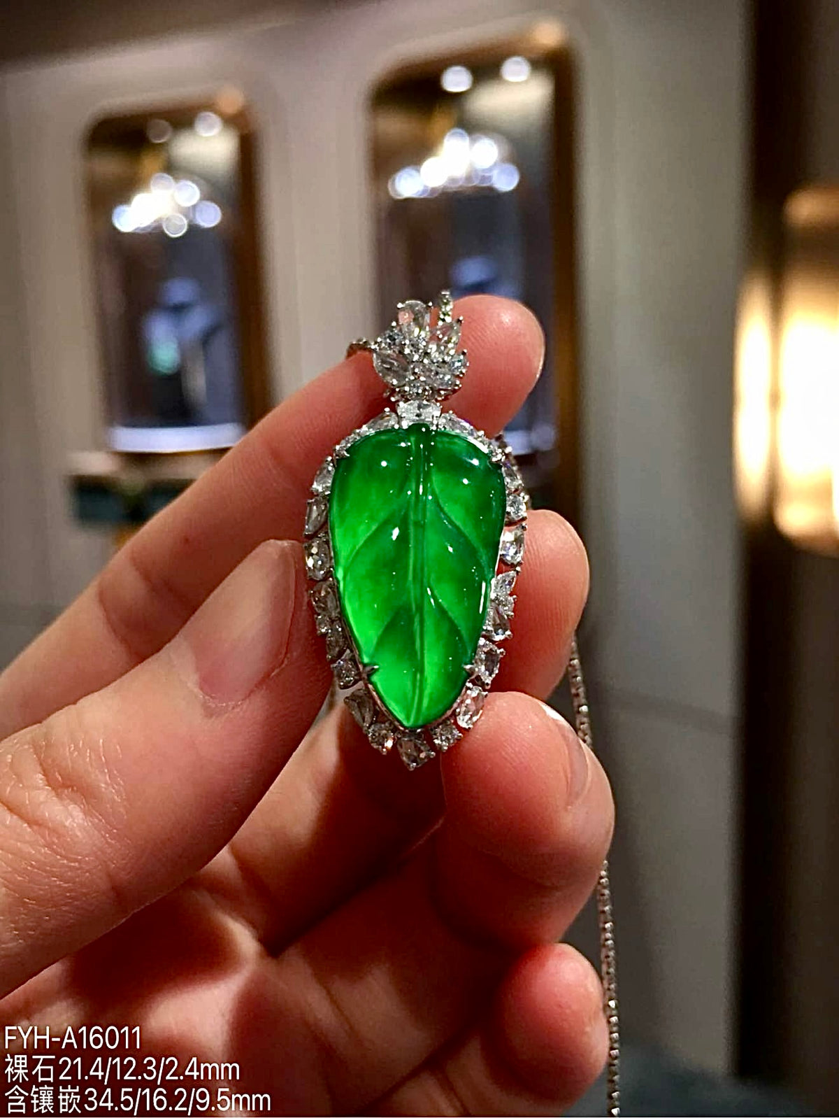 Glass Vivid Green Jadeite Leaf Pendant with 18K Gold and Diamonds
