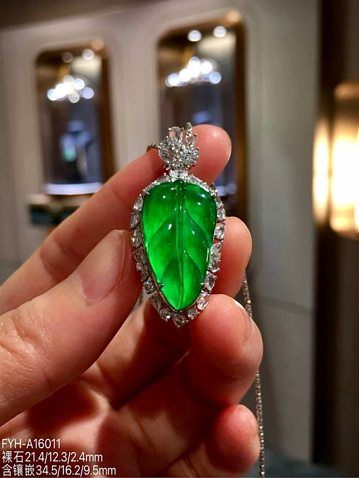 Glass Vivid Green Jadeite Leaf Pendant with 18K Gold and Diamonds