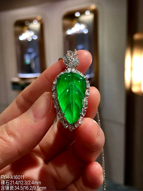 Glass Vivid Green Jadeite Leaf Pendant with 18K Gold and Diamonds