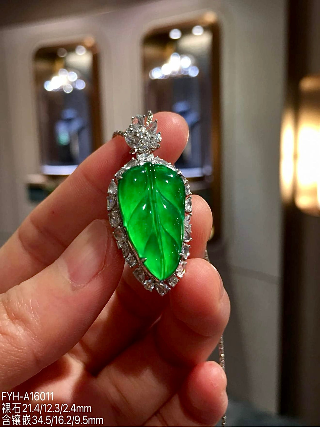 Glass Vivid Green Jadeite Leaf Pendant with 18K Gold and Diamonds