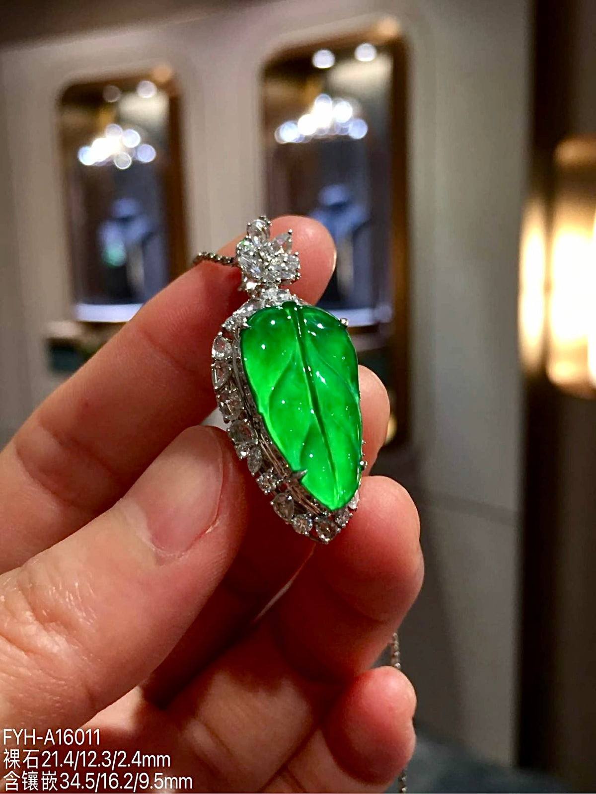 Glass Vivid Green Jadeite Leaf Pendant with 18K Gold and Diamonds