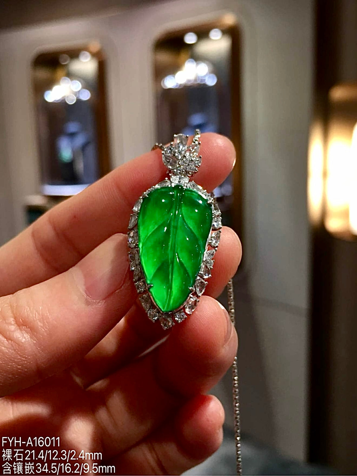 Glass Vivid Green Jadeite Leaf Pendant with 18K Gold and Diamonds