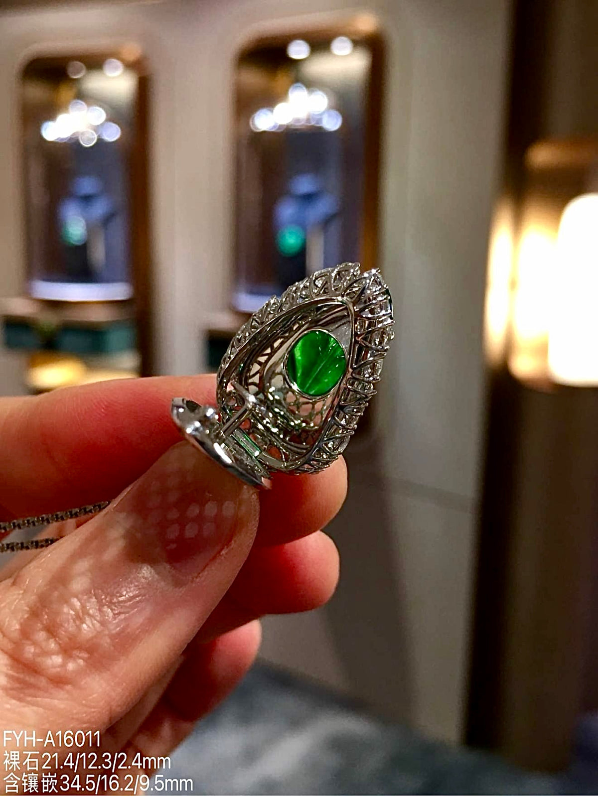 Glass Vivid Green Jadeite Leaf Pendant with 18K Gold and Diamonds