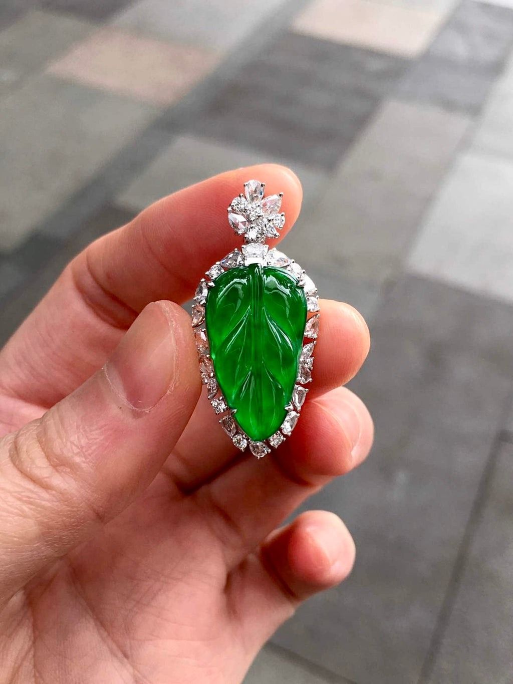 Glass Vivid Green Jadeite Leaf Pendant with 18K Gold and Diamonds