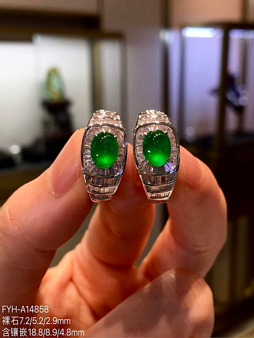 Imperial Green Glass Jadeite Cabochon Earrings with 18K Gold and Diamonds