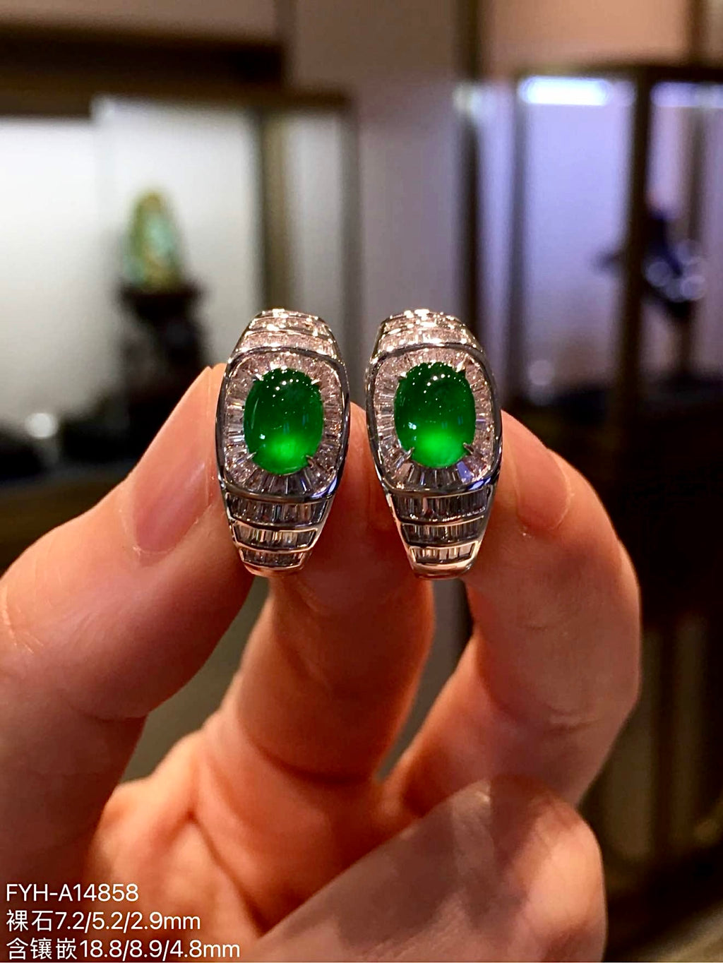 Imperial Green Glass Jadeite Cabochon Earrings with 18K Gold and Diamonds