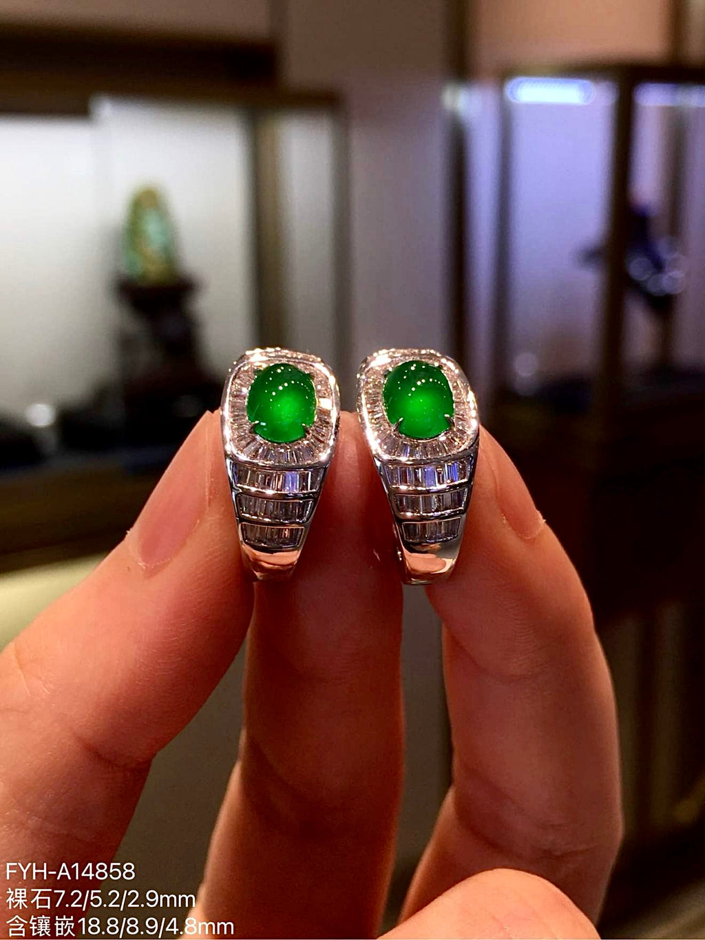 Imperial Green Glass Jadeite Cabochon Earrings with 18K Gold and Diamonds