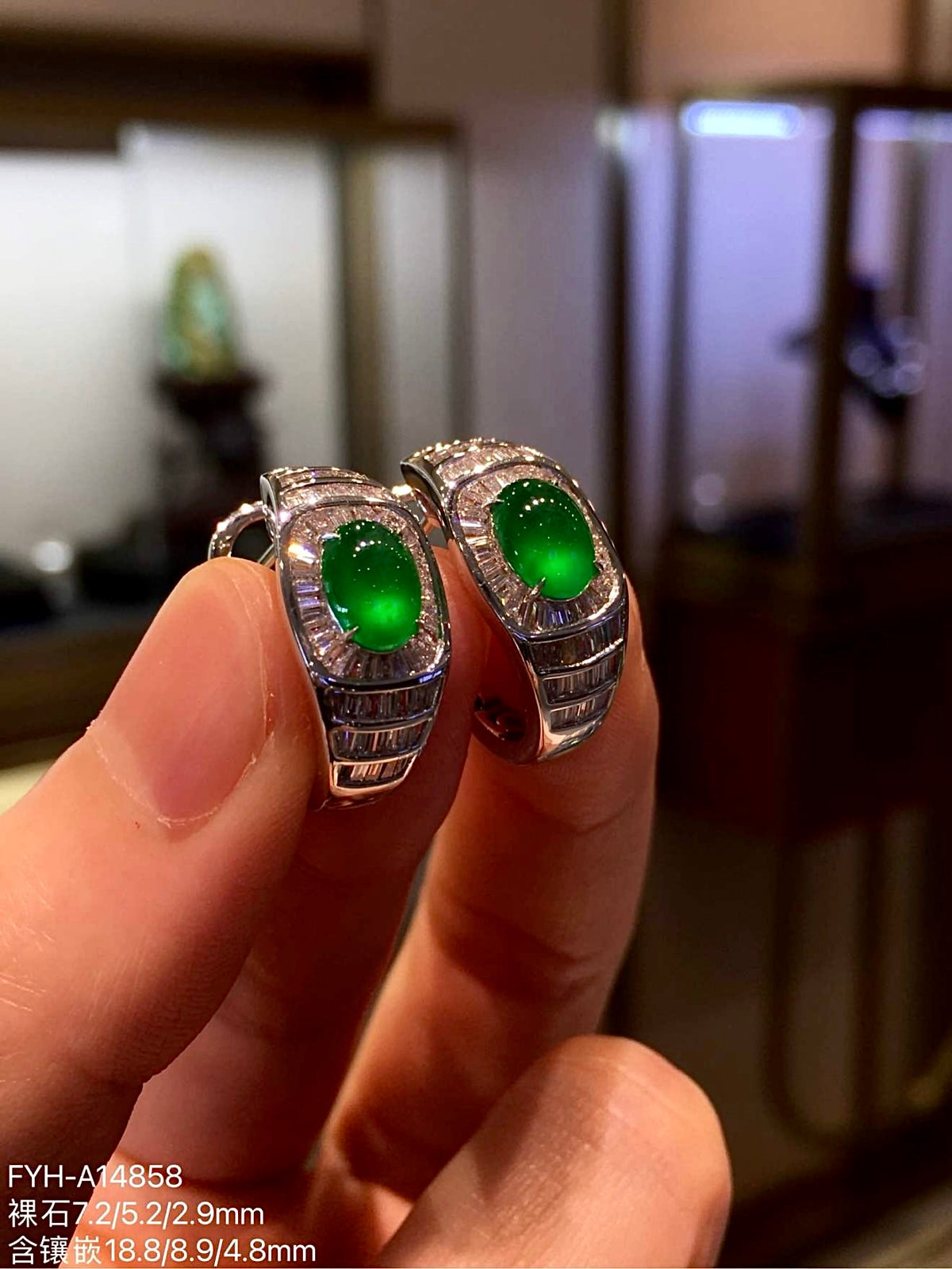 Imperial Green Glass Jadeite Cabochon Earrings with 18K Gold and Diamonds
